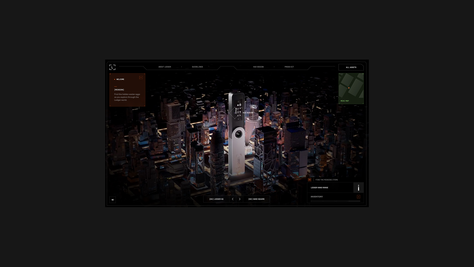 3D digital cityscape with a central tall Ledger device and HUD interface with mission instructions.