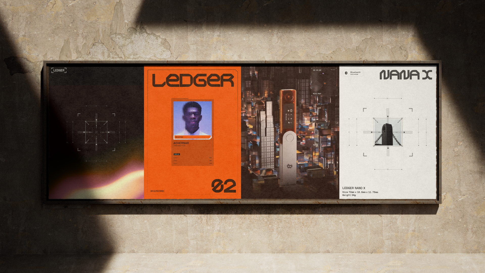 Framed modern digital art with orange and white panels featuring a face, cityscape, and tech device.