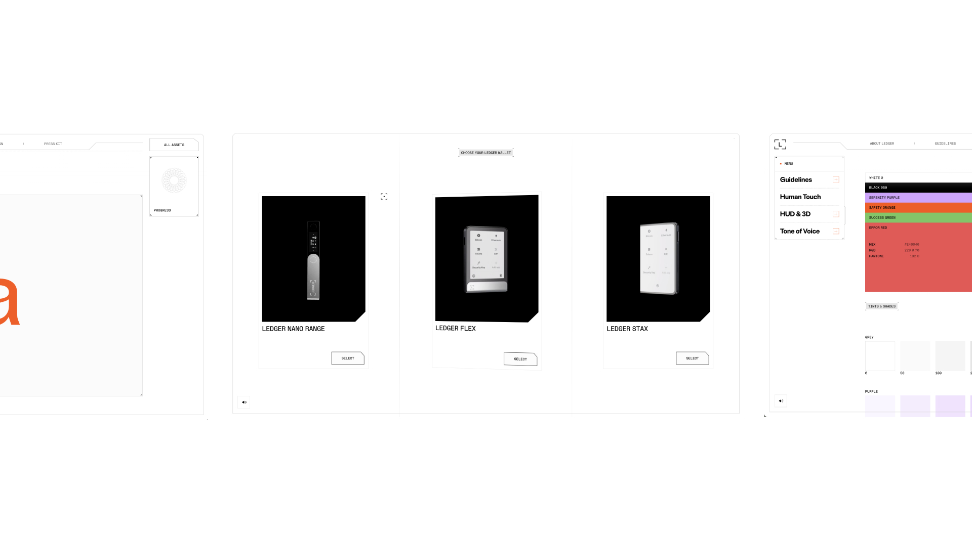 Webpage showing Ledger wallet options: Nano Range, Flex, and Stax on black backgrounds with select buttons.