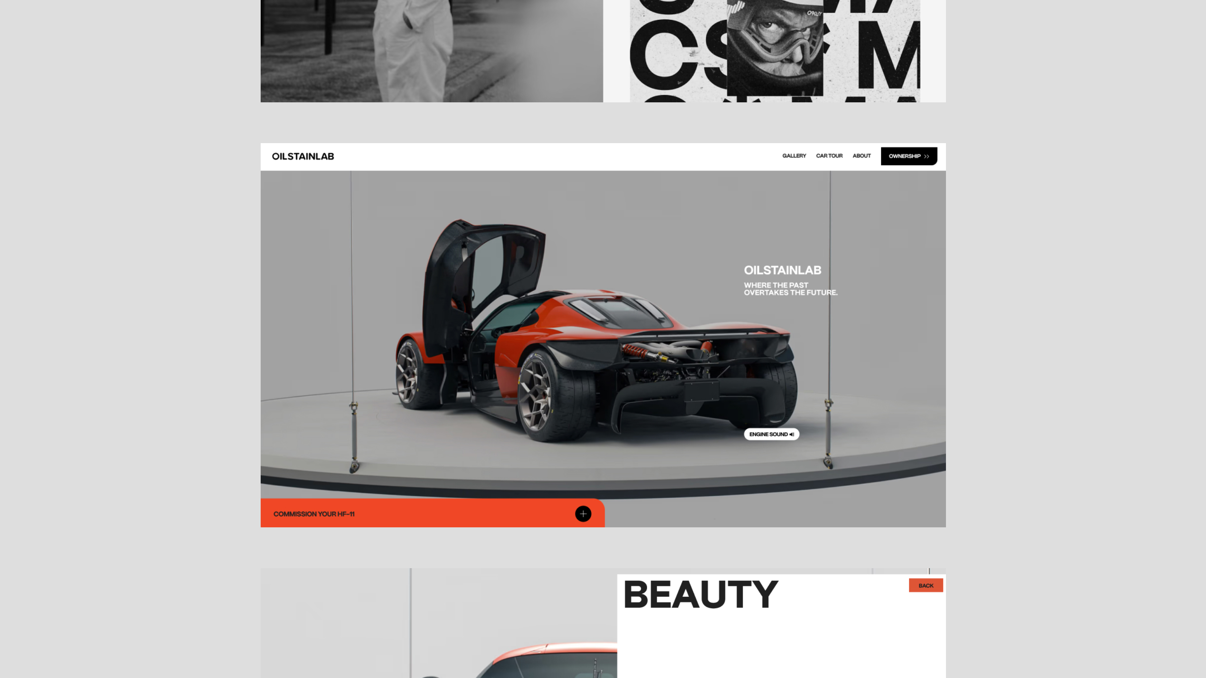Red and black sports car with open butterfly door on a display platform with gray background.