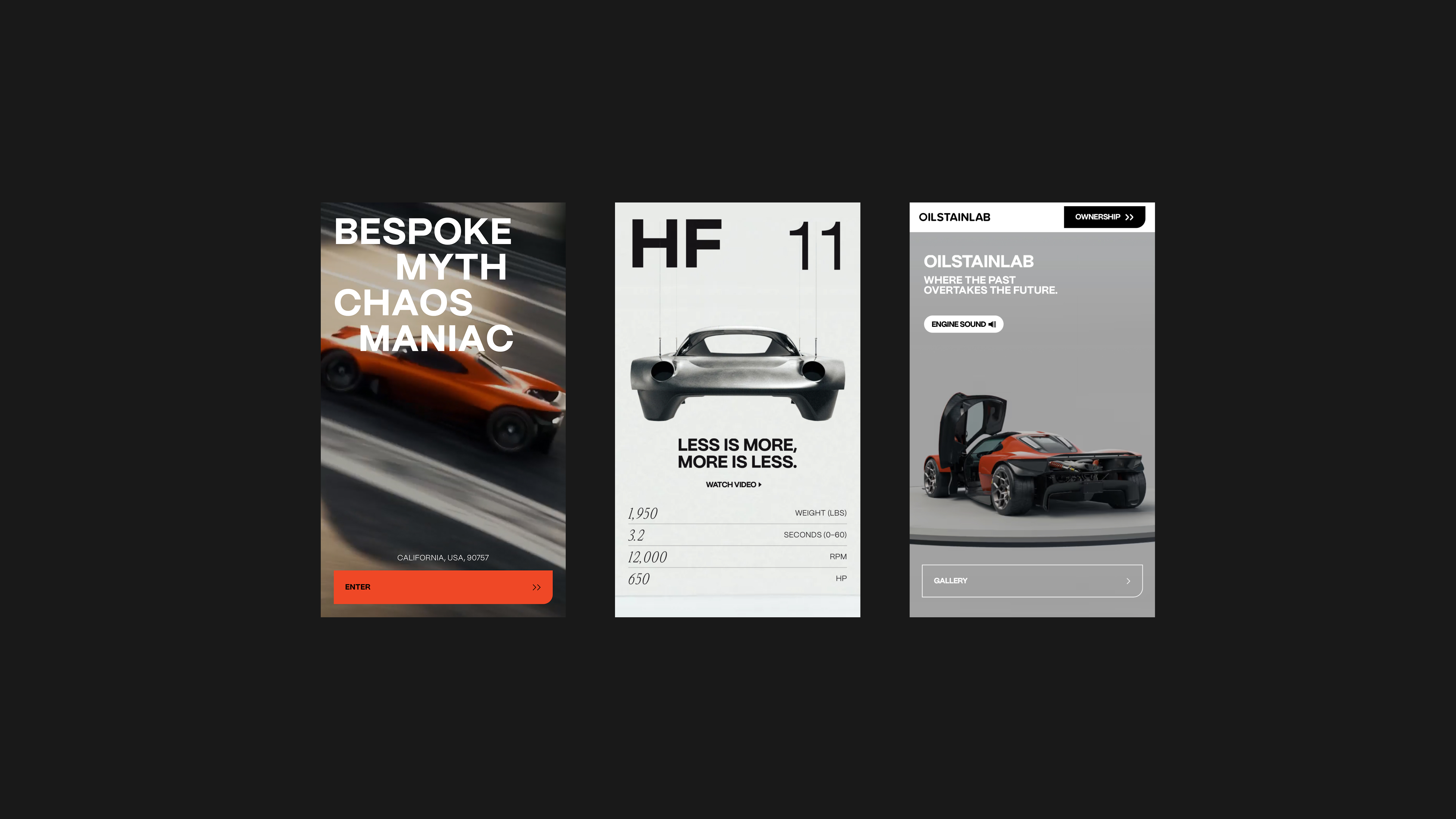 Three panels showing cars: orange sports car in motion, rear of minimalist car, and black-orange car with open door.