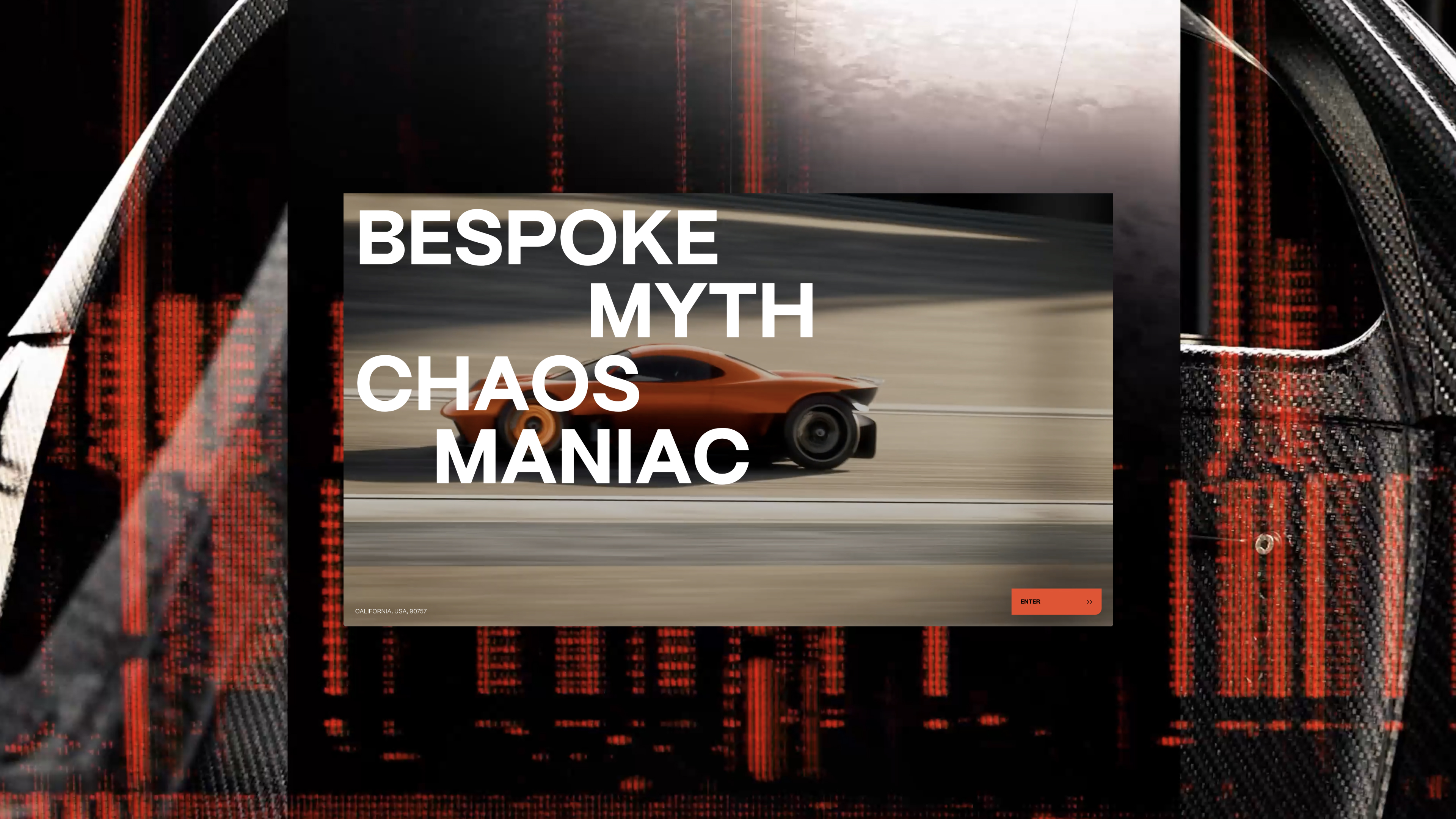 Red sports car driving fast on a road with text BESPOKE MYTH CHAOS MANIAC overlaid.