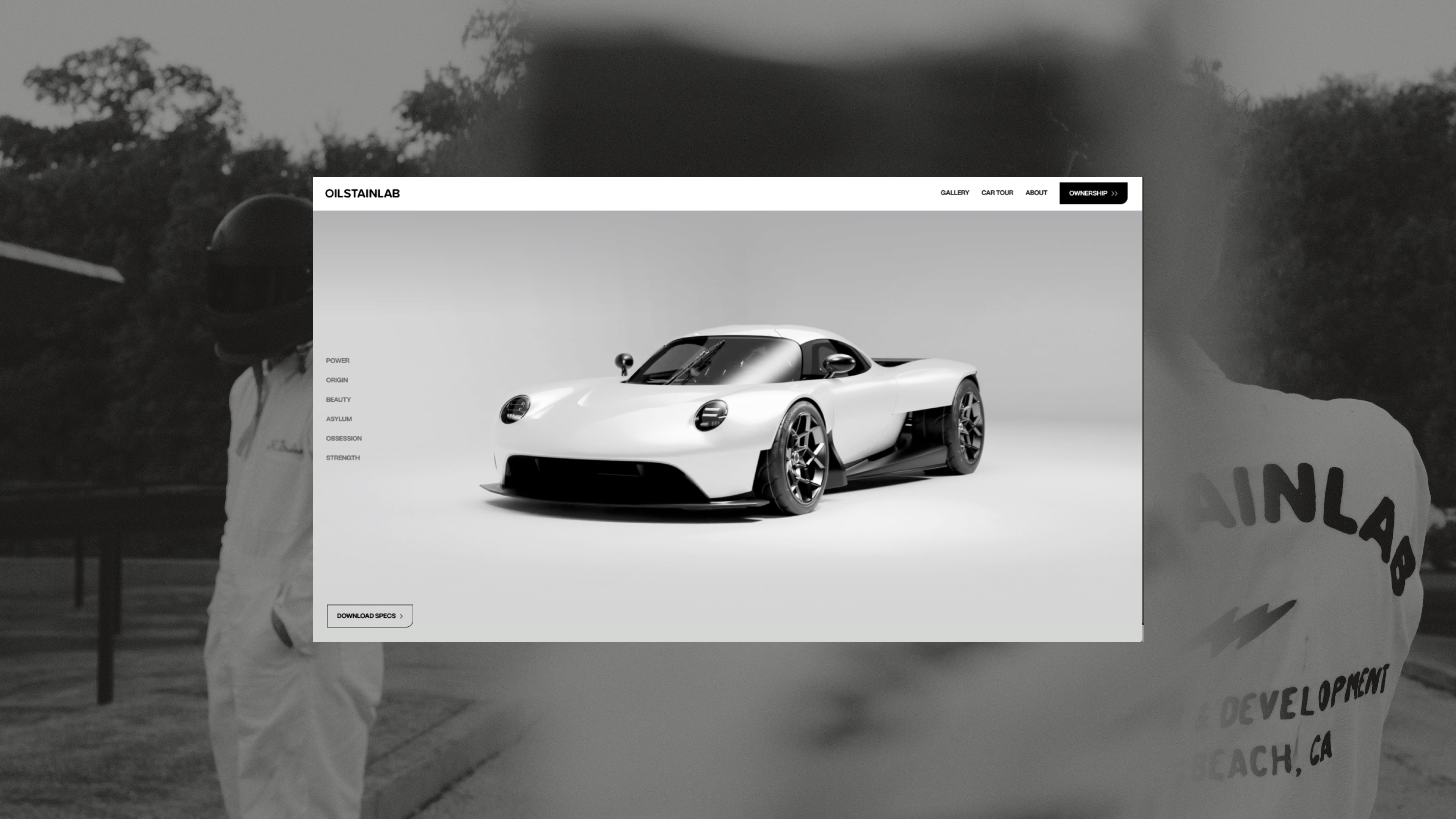 White sleek sports car shown on a website with a minimalist design and menu options.
