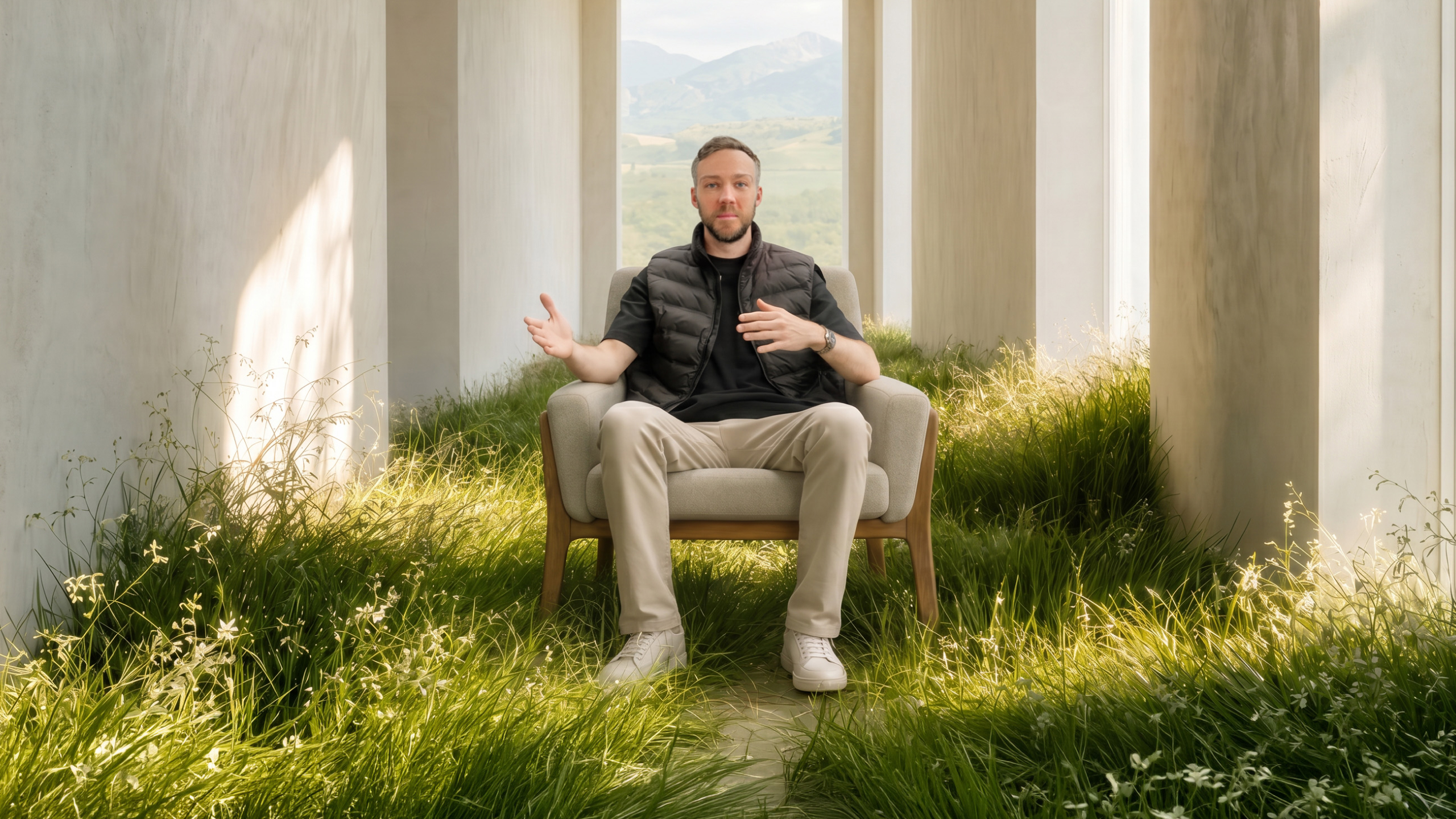 Man sitting on armchair in grassy corridor with tall columns and mountain landscape in background.