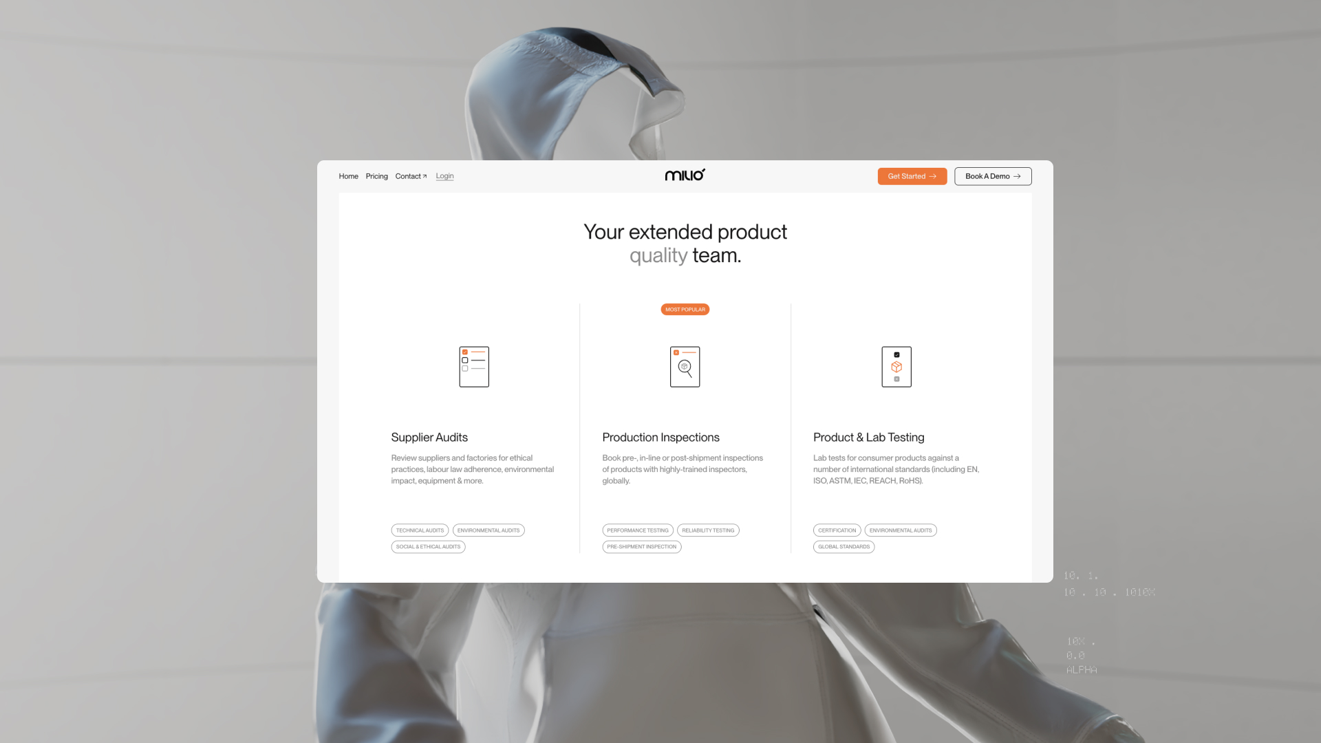 Website section showing supplier audits, production inspections, and product and lab testing service options.