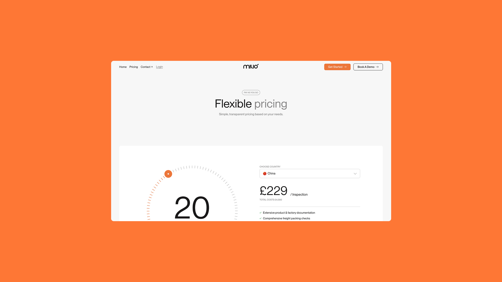 Website page showing flexible pricing for inspections in China starting at £229.