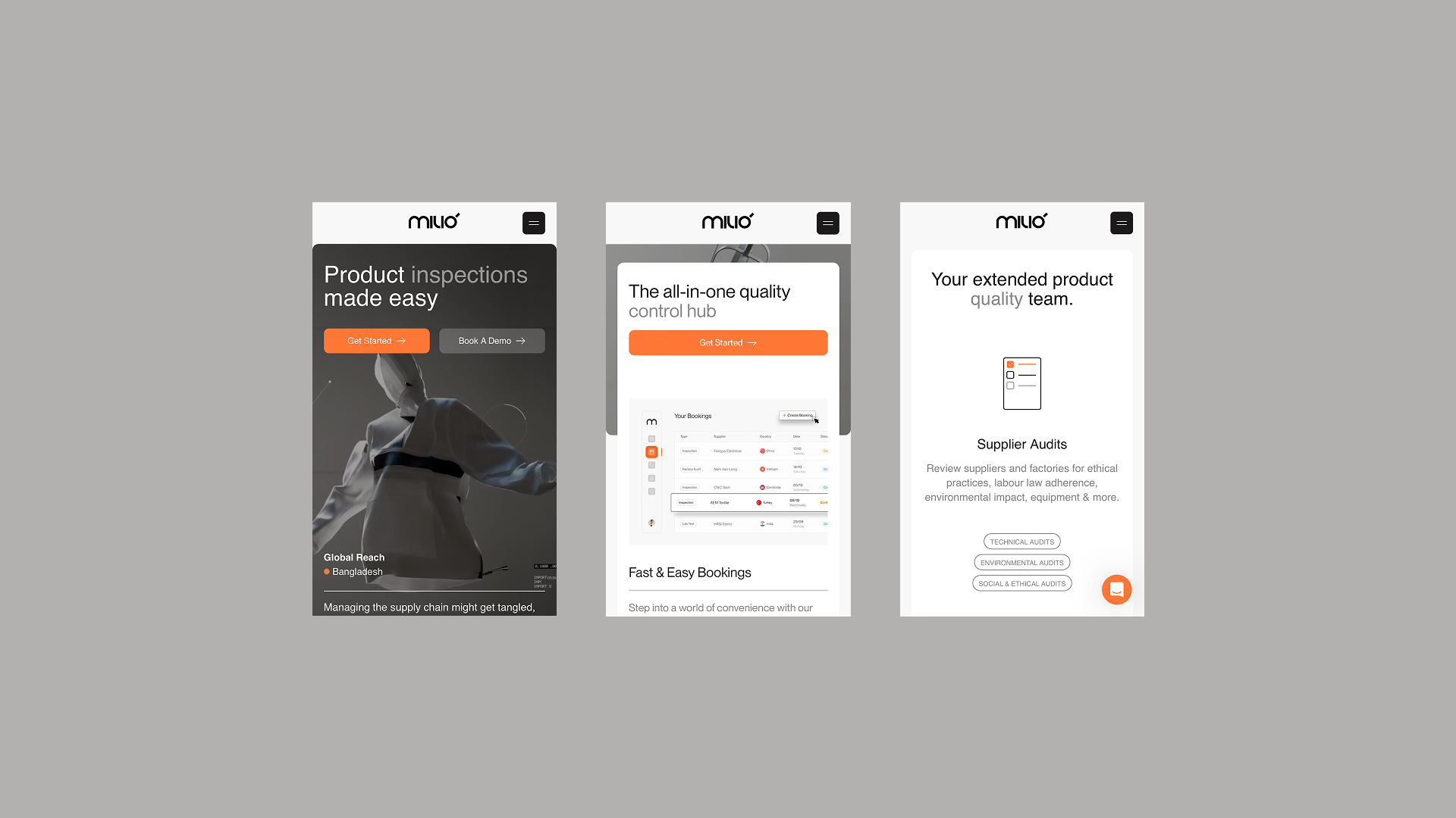 Three mobile screens showing product inspection service with booking and supplier audit features.