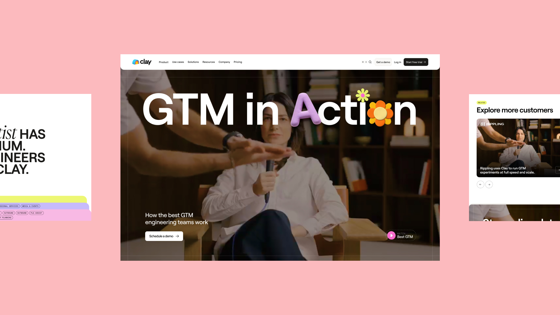 Woman holding a microphone sitting in a chair with text GTM in Action and schedule a demo button.
