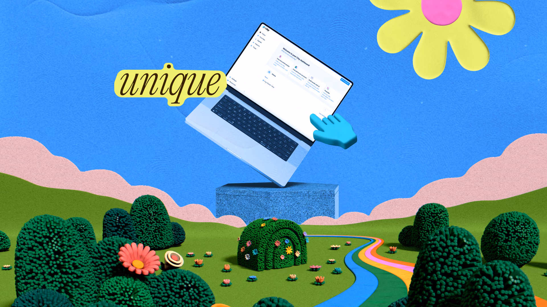Laptop displaying a dashboard floats above pedestal in a colorful landscape with bushes and a rainbow river.