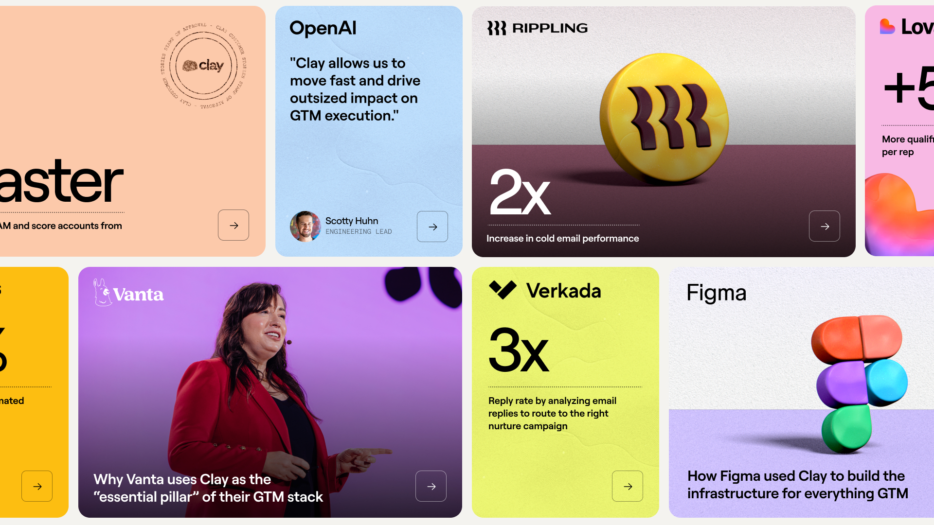 Grid of colorful customer quotes and logos about Clay's impact on GTM with a woman speaking on purple background.