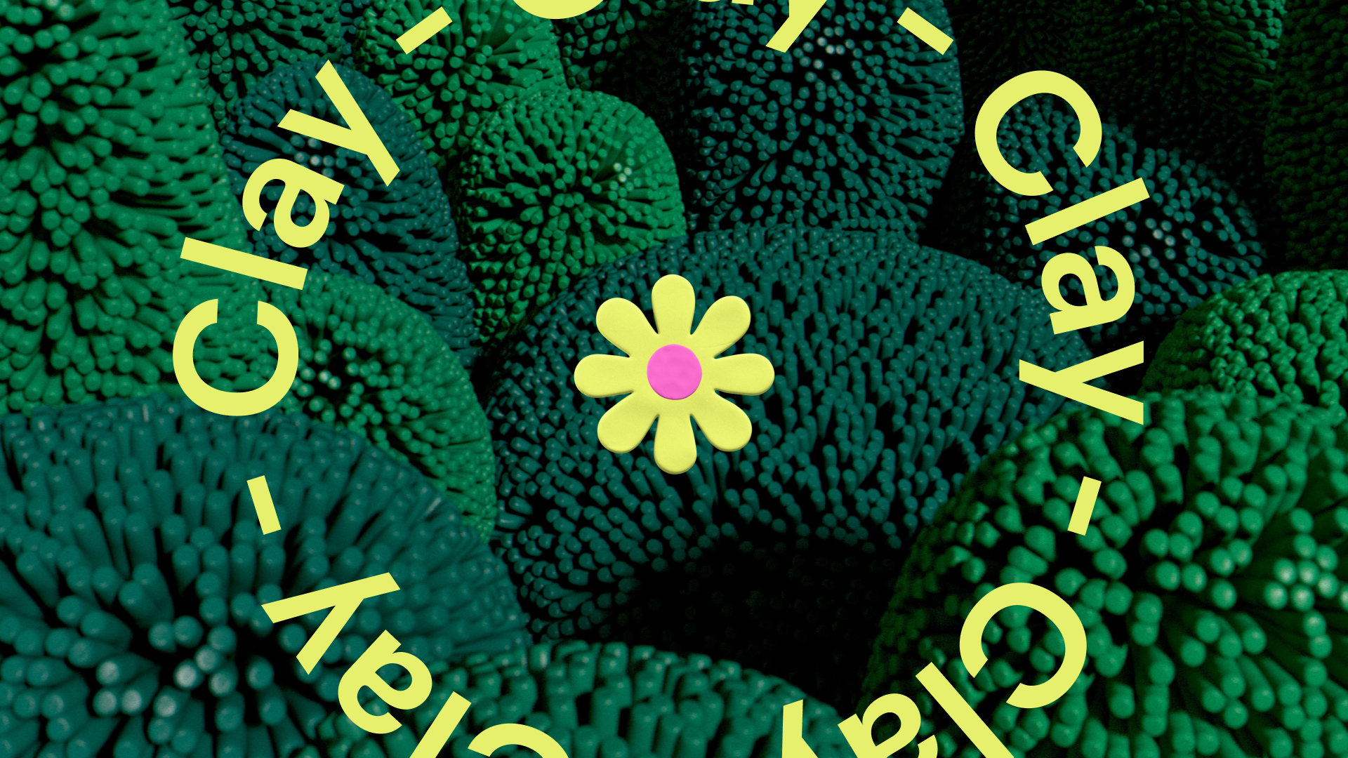 Close-up of green textured spheres with a yellow and pink flower and circular yellow text reading 'Clay'.