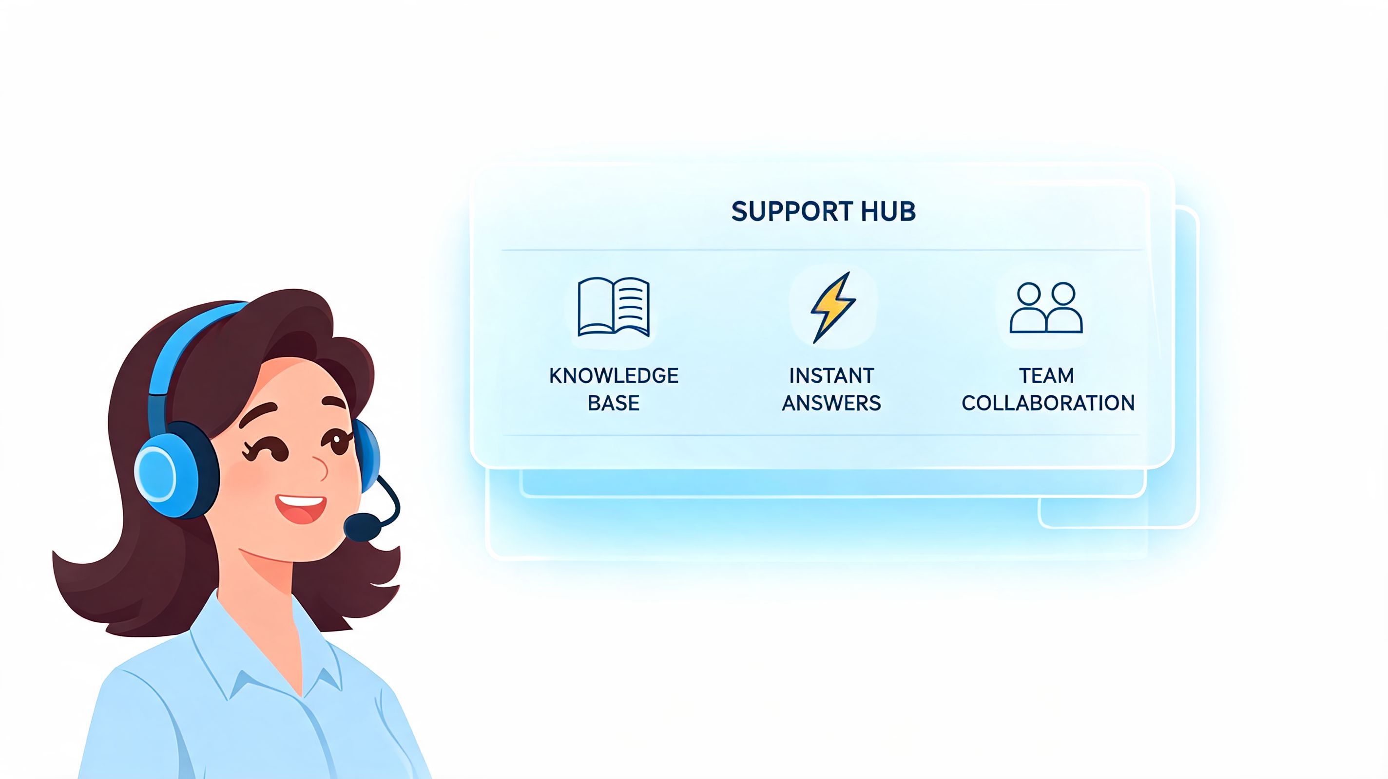 A friendly customer support agent wearing a headset next to a modern Support Hub digital interface.