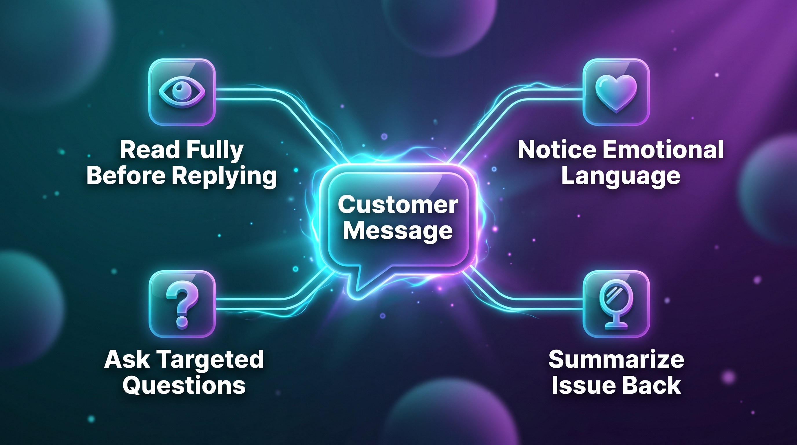 Annotated diagram with four active listening behaviors radiating from a central customer message bubble.