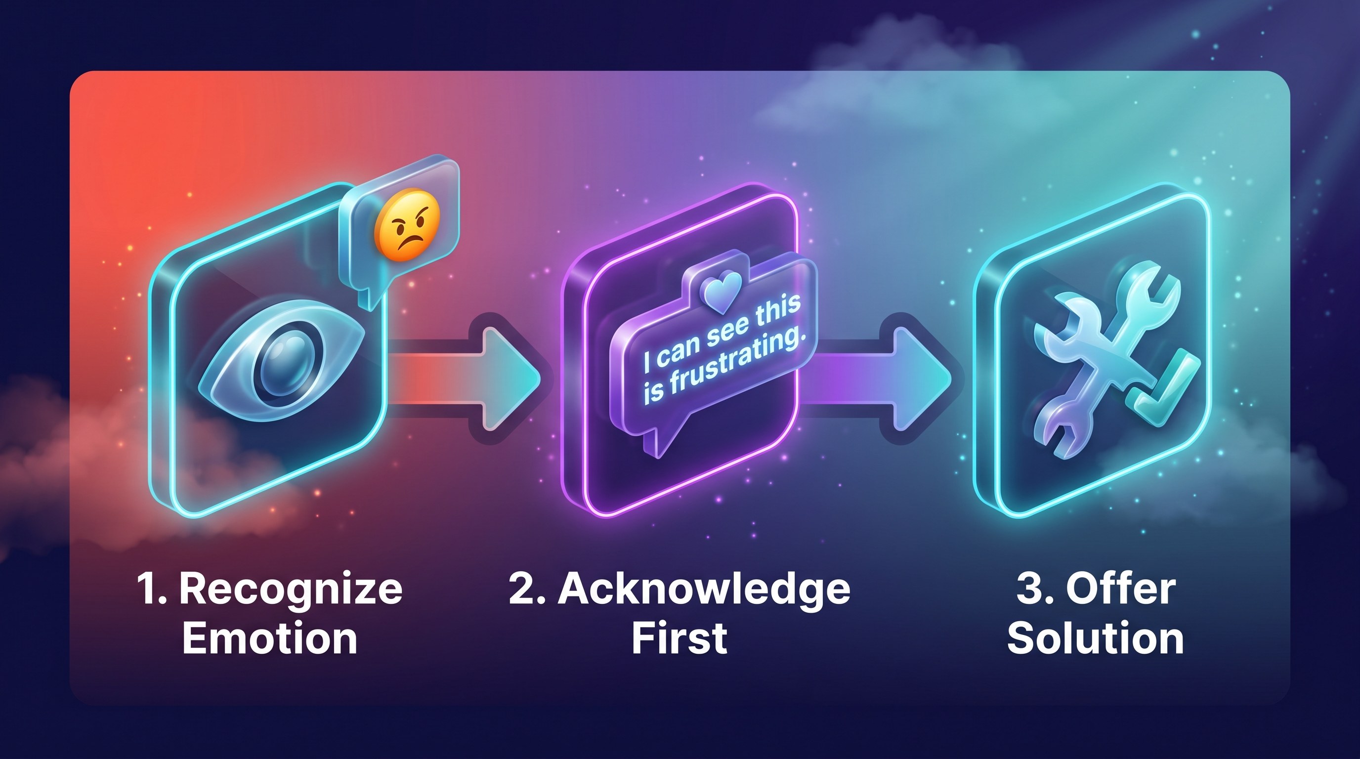 Three-step flow diagram: Recognize Emotion, Acknowledge First, then Offer Solution, with icons and arrows.