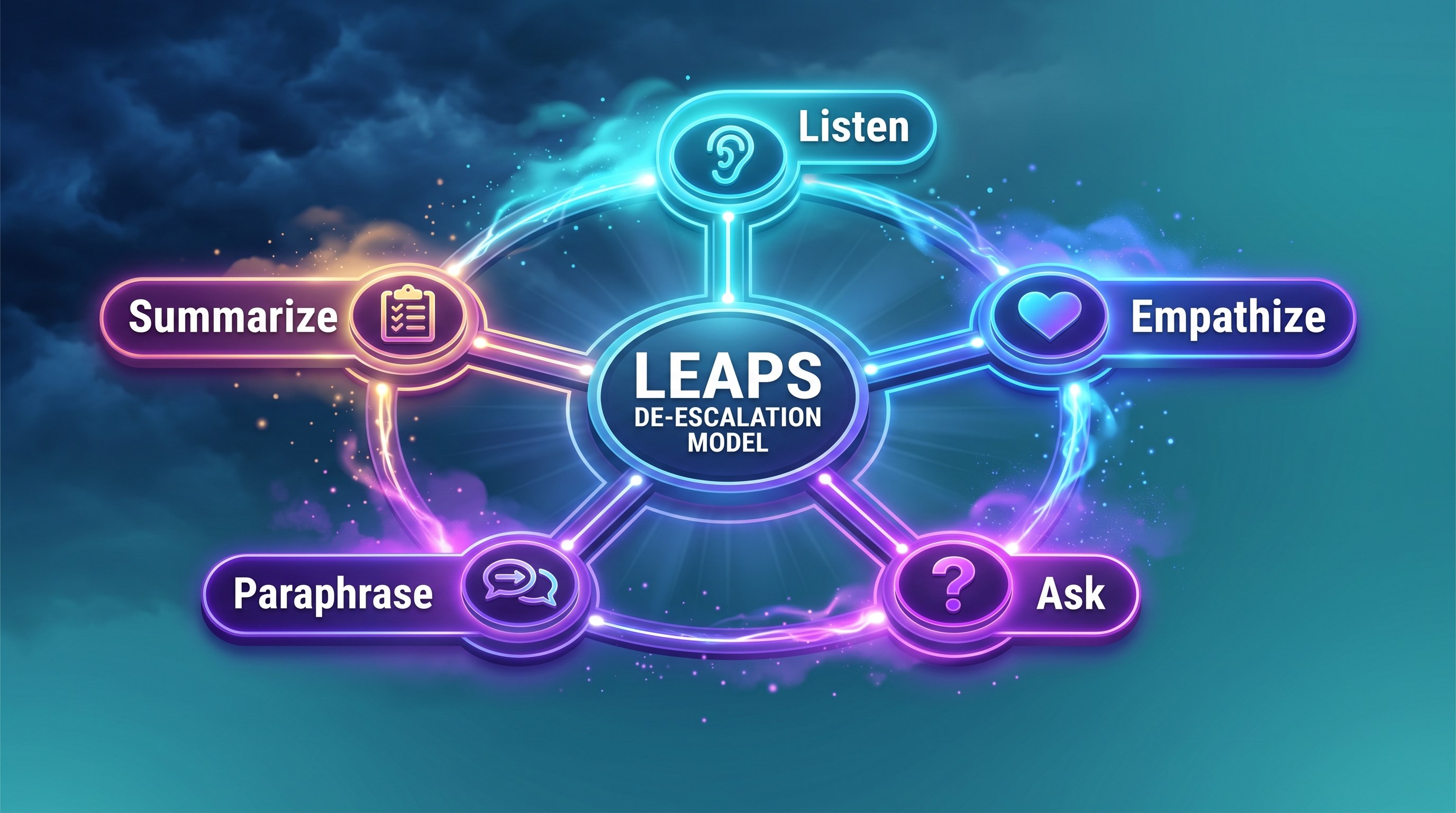 LEAPS model diagram with five labeled spokes: Listen, Empathize, Ask, Paraphrase, Summarize radiating from a central badge.