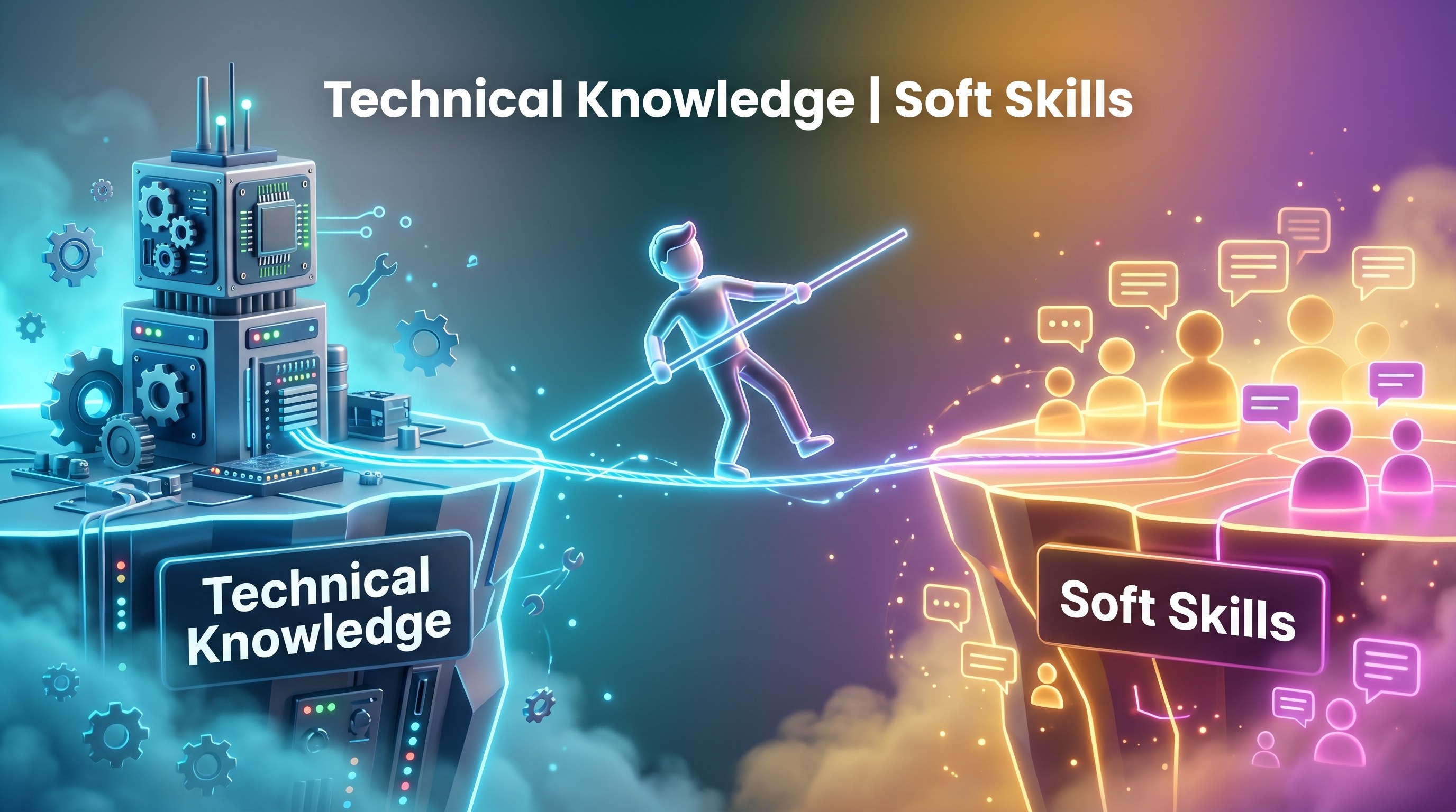 Tightrope walker balancing between a cold technical tower and a warm soft-skills cliff, leaning toward soft skills.