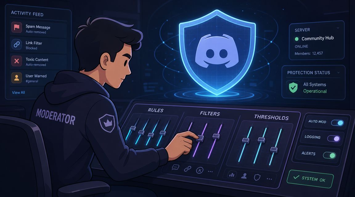 A digital moderator managing community settings on a Discord server with an automated security dashboard interface.