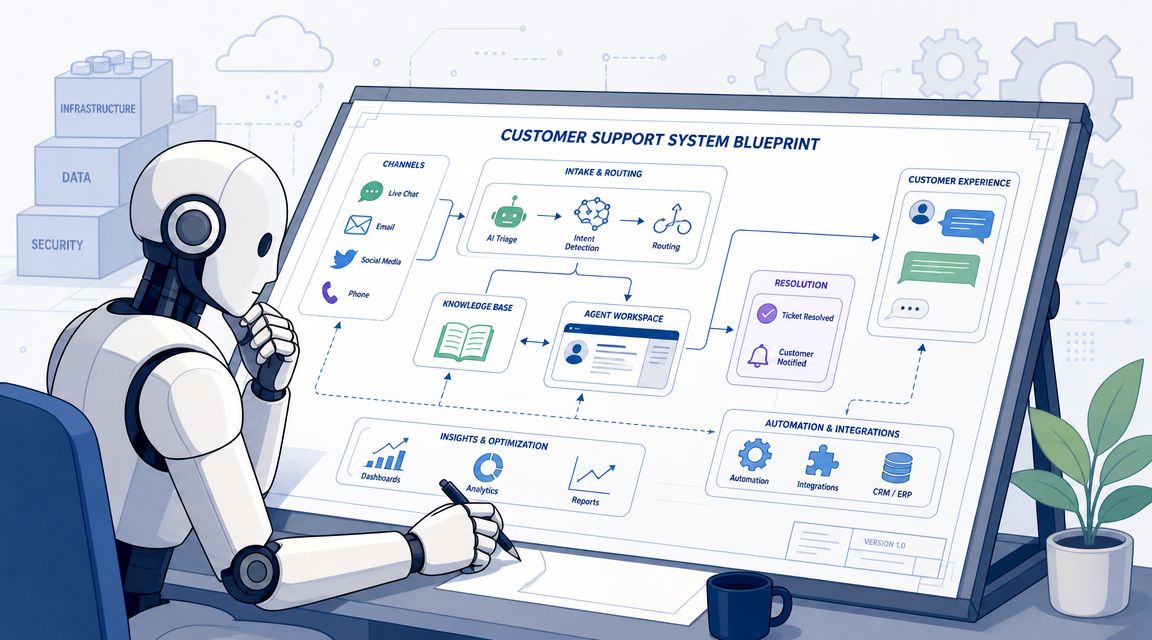 A robot designing a customer support system blueprint for automated service processes on a large digital board.