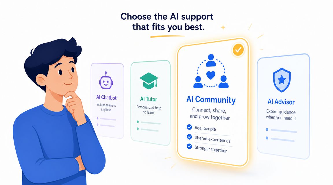 A person considering different types of AI support options presented as cards, including community, tutoring, and advice.