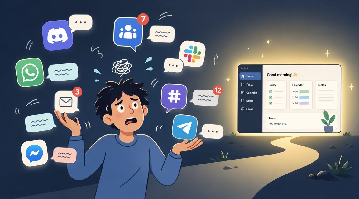 A distressed person surrounded by numerous notification bubbles representing digital distraction versus a clean, organized productivity dashboard.