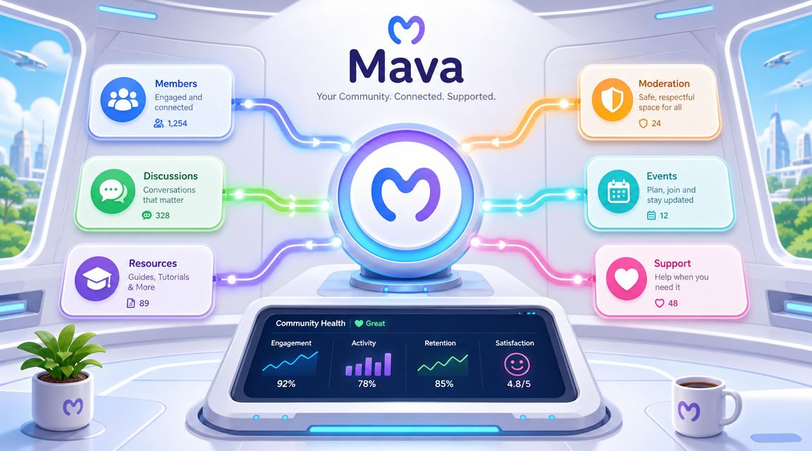 A futuristic digital dashboard titled Mava showing community analytics, engagement metrics, and various community management feature categories.