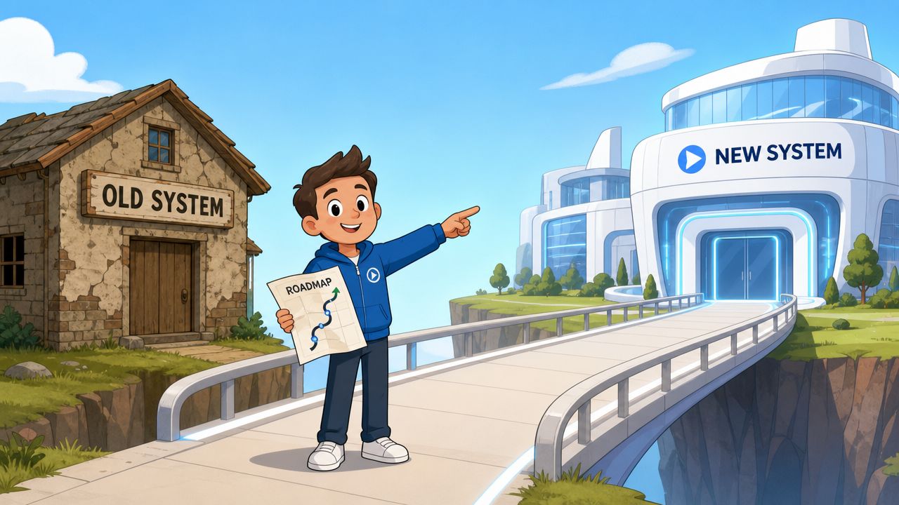 A cartoon boy holding a roadmap points toward a modern futuristic building labeled New System from an old building.