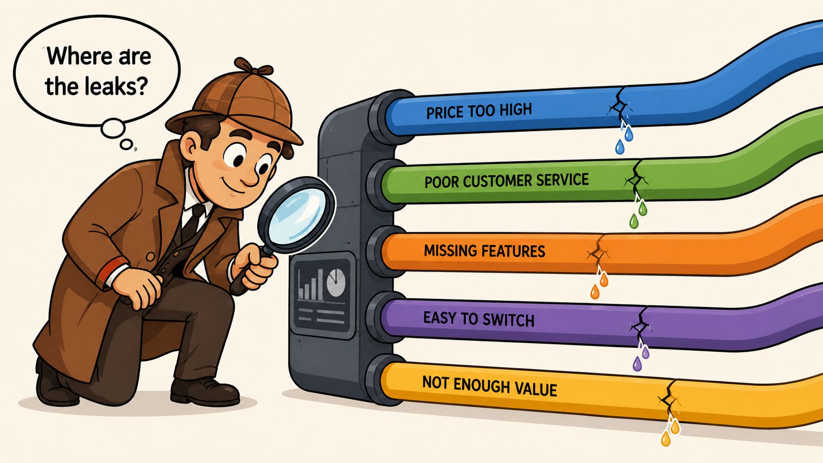 A detective looking through a magnifying glass at a leaking pipe diagram labeled with customer churn reasons.