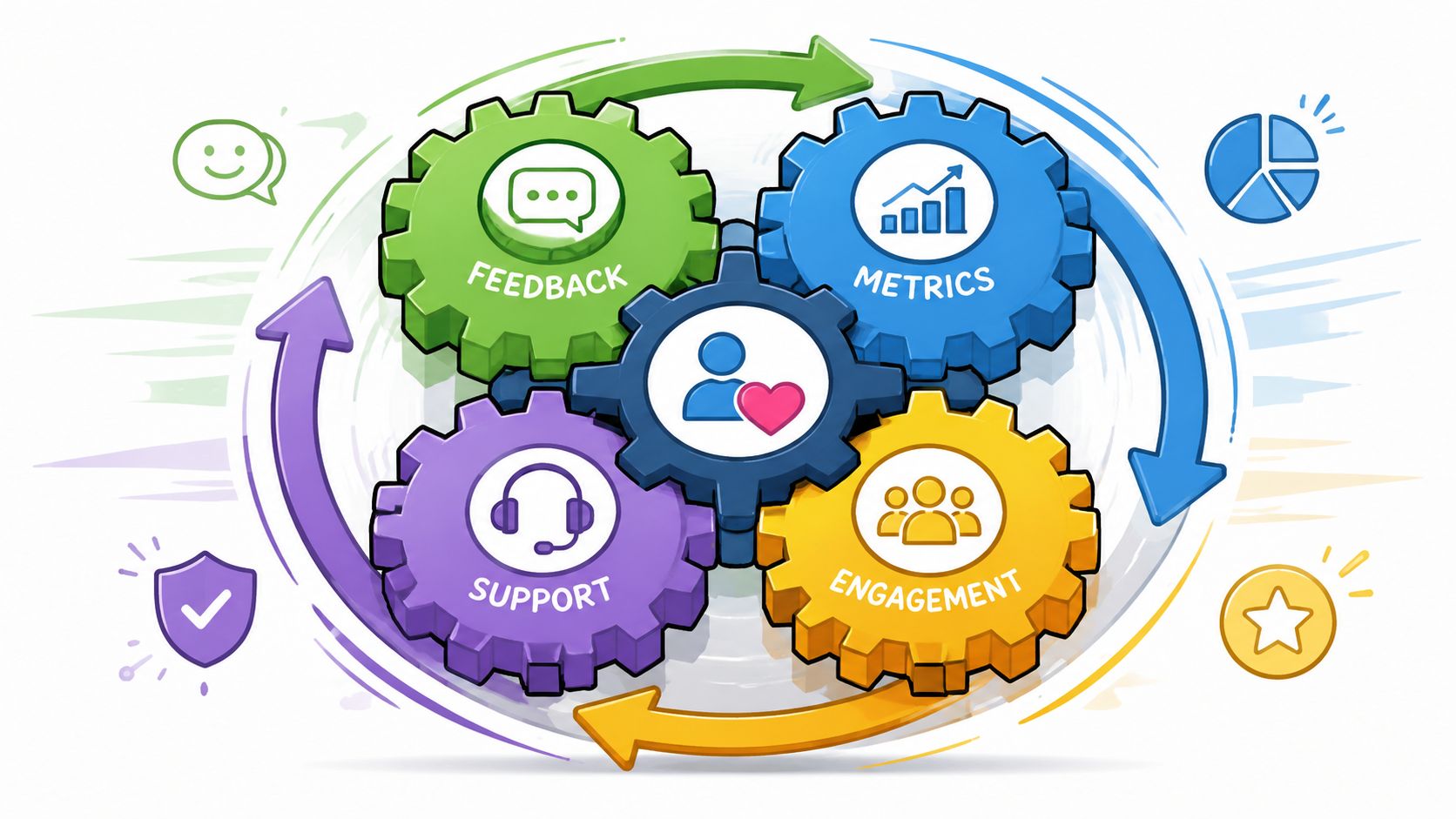 A circular diagram featuring four colored interlocking gears representing customer feedback, metrics, engagement, and support.