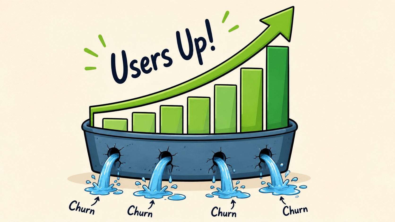 A conceptual illustration showing a growing bar chart emerging from a leaking bucket representing customer churn.