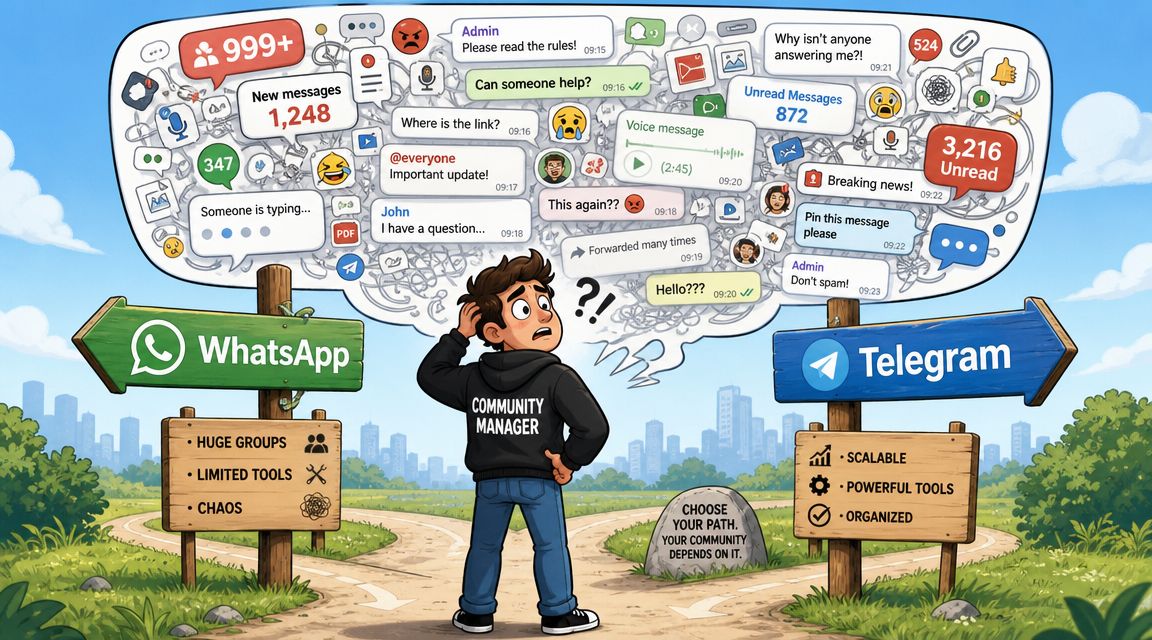 A community manager standing between WhatsApp and Telegram signs, overwhelmed by chaotic notifications and messages.