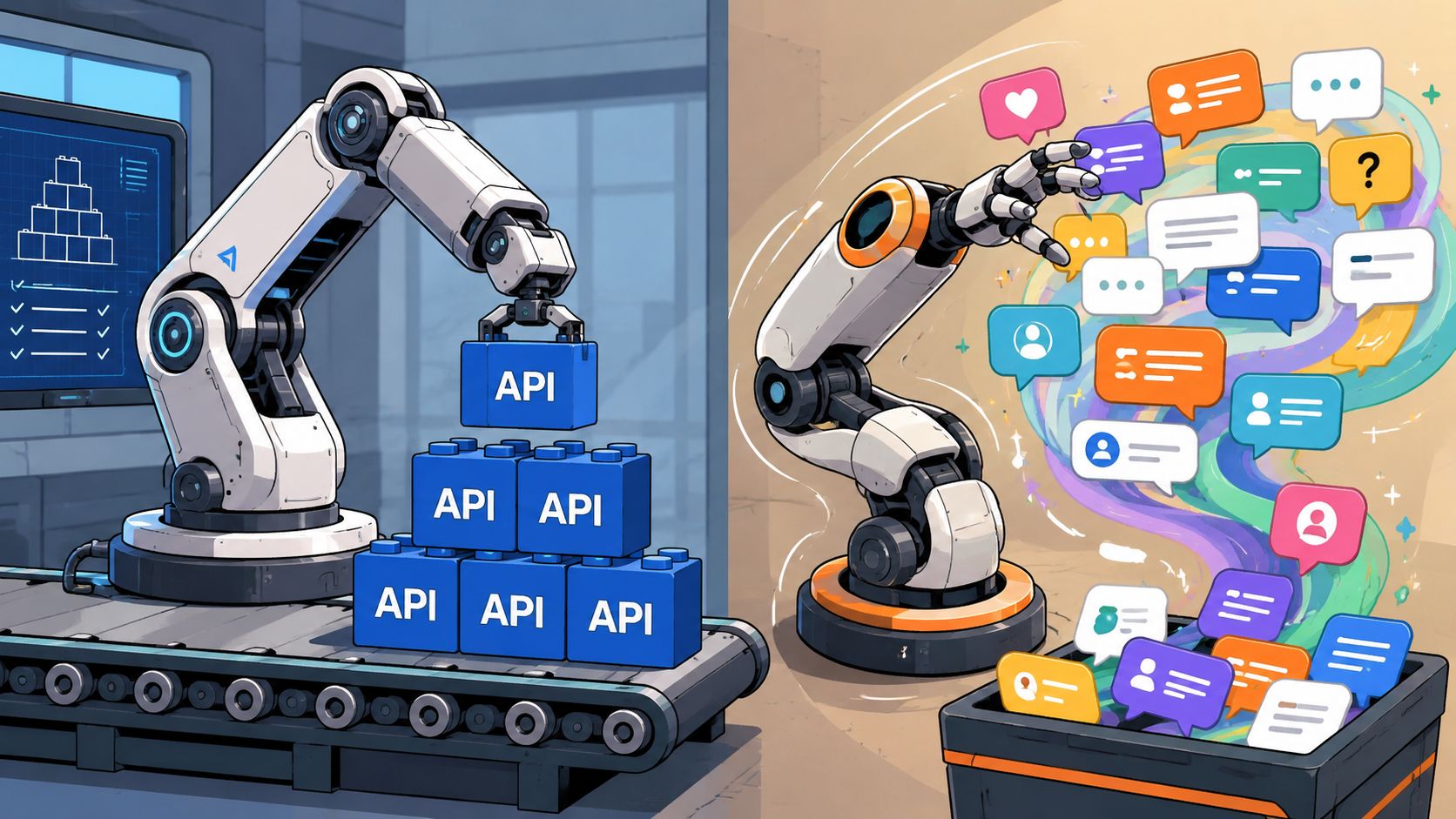 A robotic arm building an API structure next to another robot interacting with social media icons.