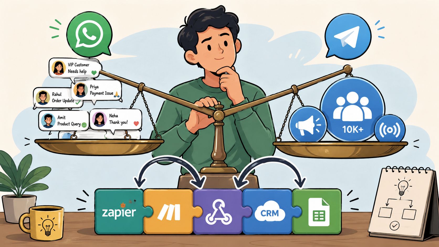 A person weighing communication needs between WhatsApp chat messages and Telegram group broadcast audience reach.