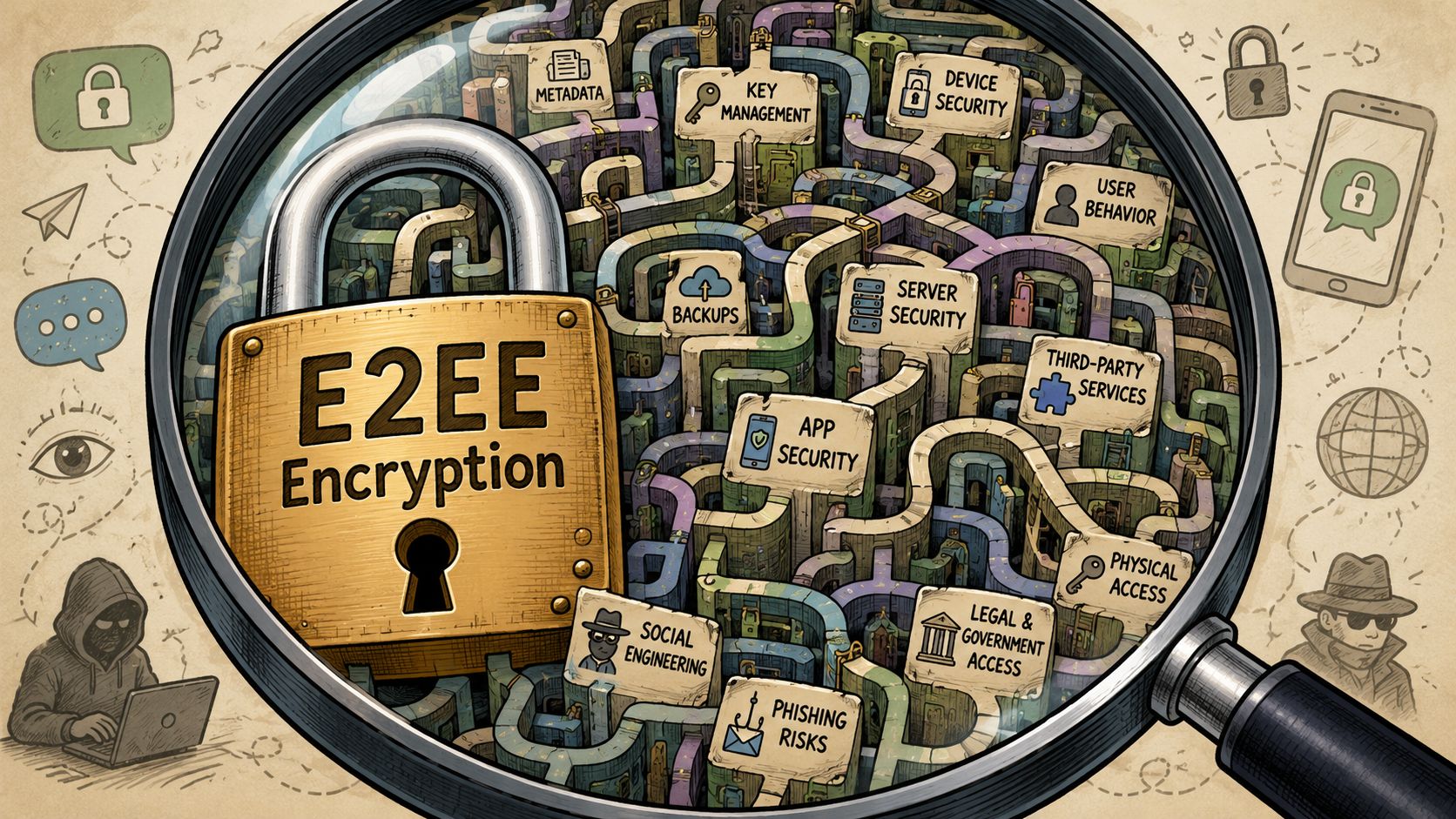 A magnifying glass revealing a complex maze representing various security risks associated with E2EE encryption technologies.