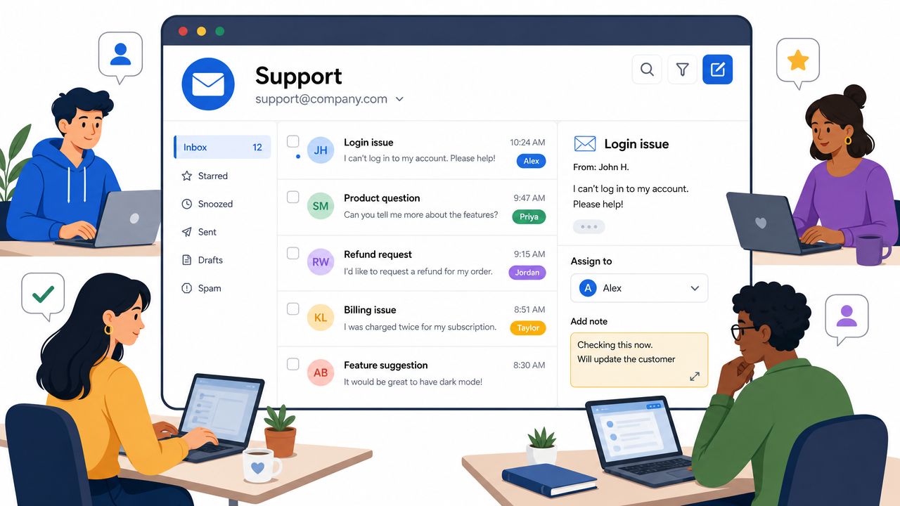 A team of diverse professionals collaborating on customer support tickets in a shared email inbox interface.
