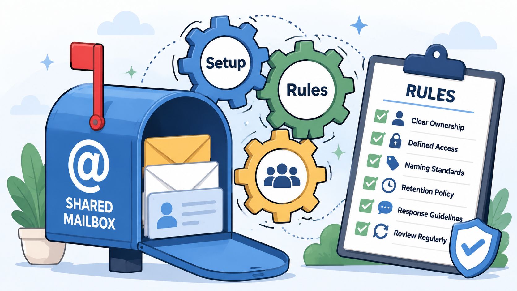 An illustration showing a blue shared mailbox with gears and a checklist defining mailbox management rules.