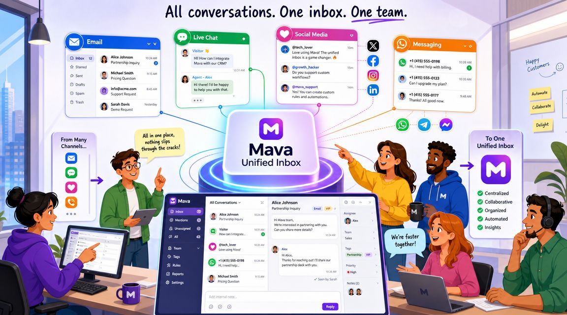 Team members collaborating while using Mava's unified inbox platform for managing diverse communication channels in one place.
