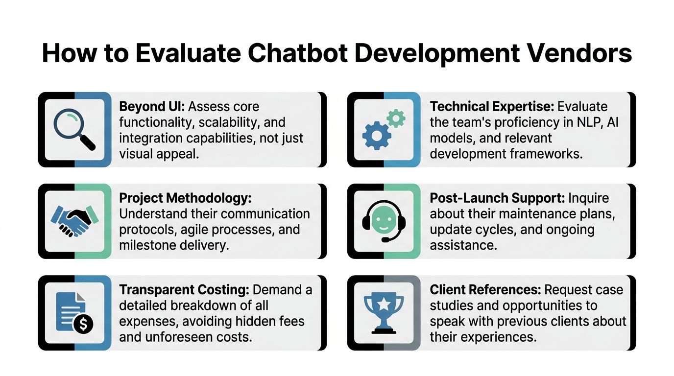 A guide listing six key evaluation criteria for selecting chatbot development vendors including expertise, methodology, and costs.