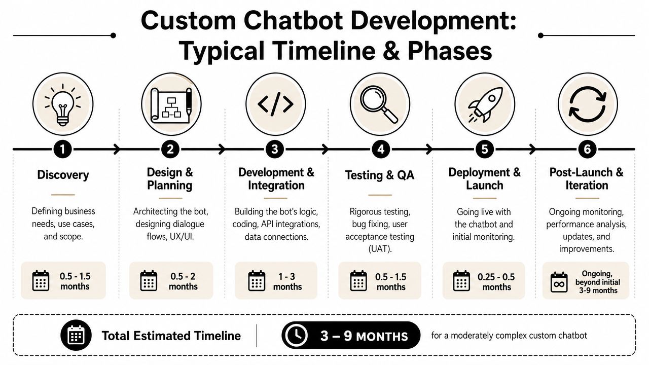 A visual timeline outlining the six phases of custom chatbot development from discovery to post-launch iteration.