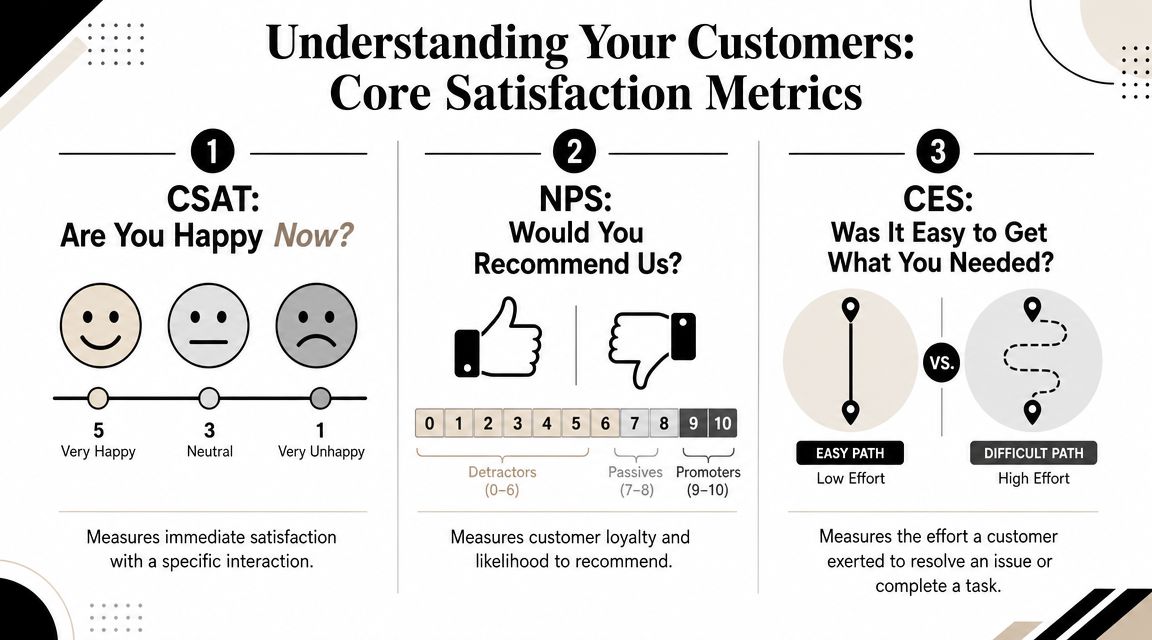 An infographic showing the three core customer satisfaction metrics: CSAT, NPS, and CES with their definitions.