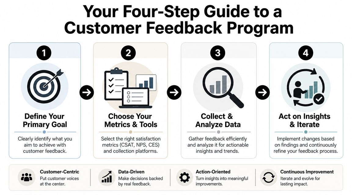 A four-step guide infographic explaining the process for creating an effective customer feedback program.