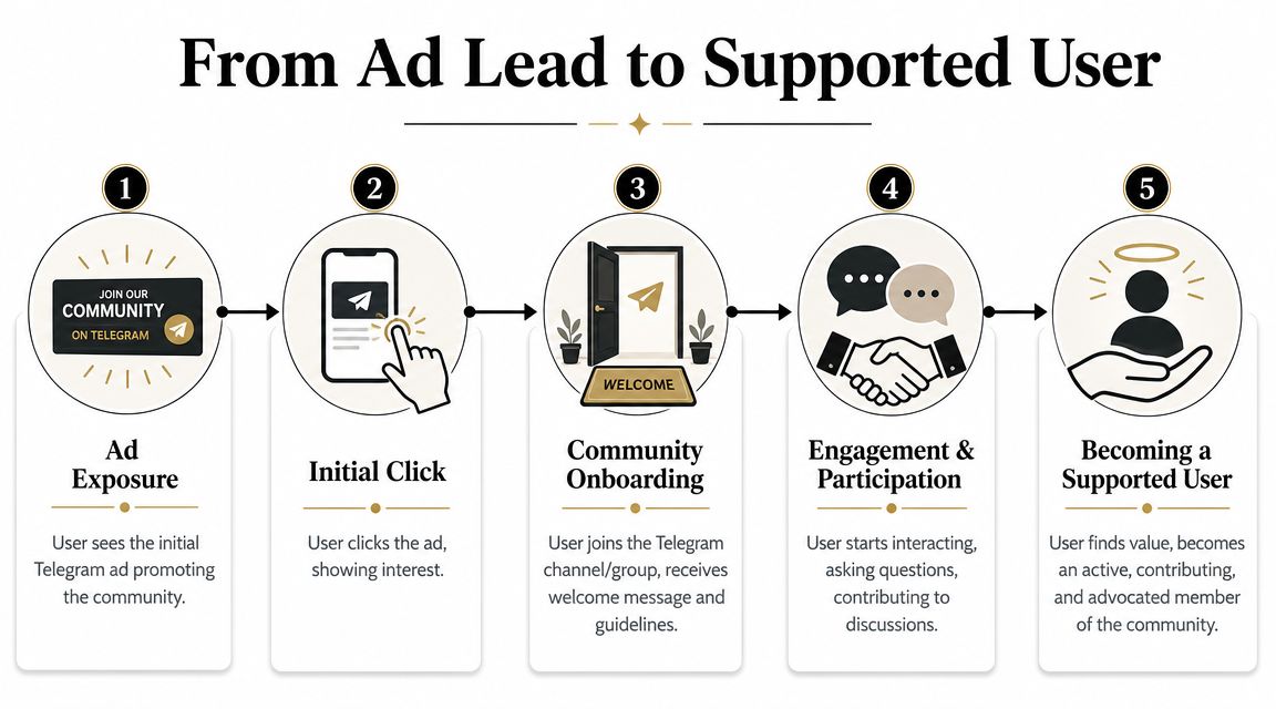 A five-step infographic showing the conversion process from telegram ad lead to supported community user.