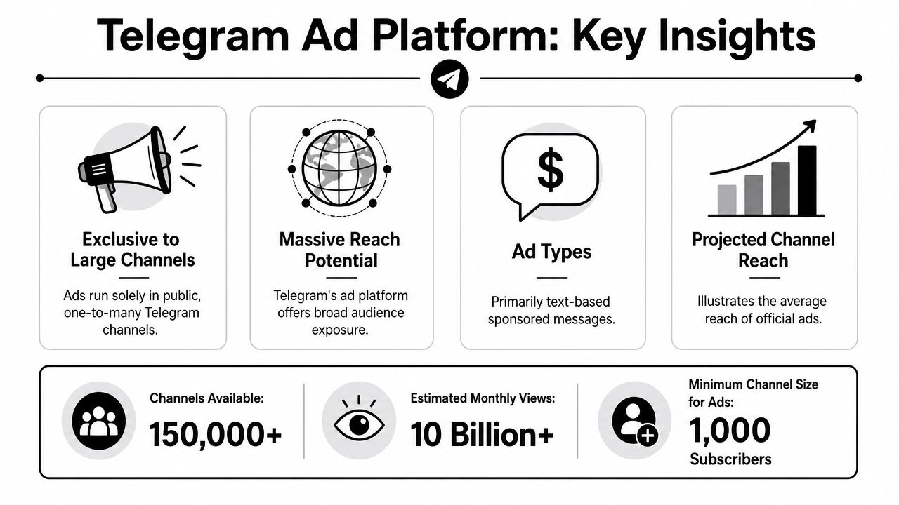 An infographic titled Telegram Ad Platform Key Insights showing statistics about channel reach and ad types.