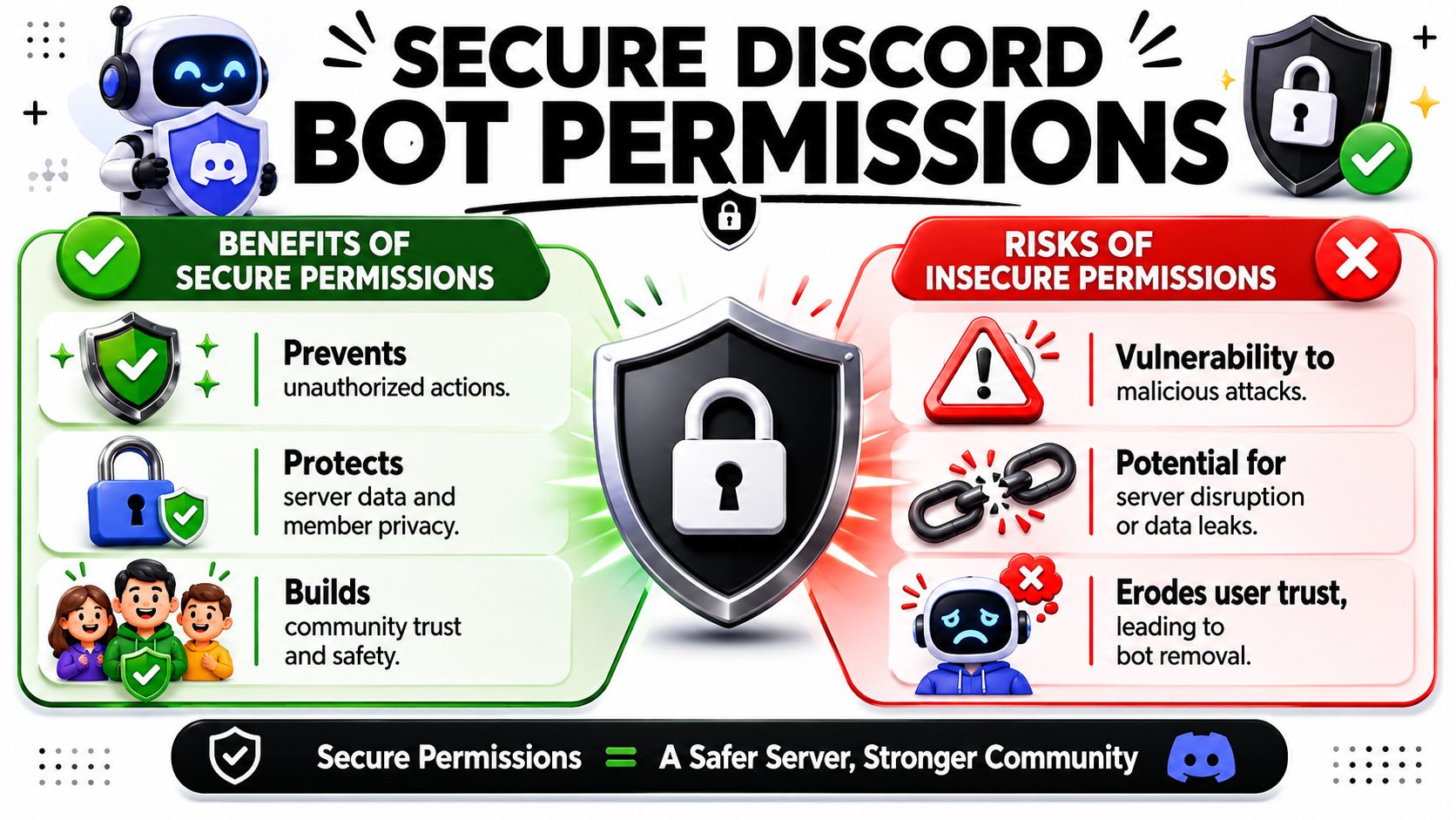 A visual guide comparing the benefits of secure Discord bot permissions against the risks of insecure configurations.
