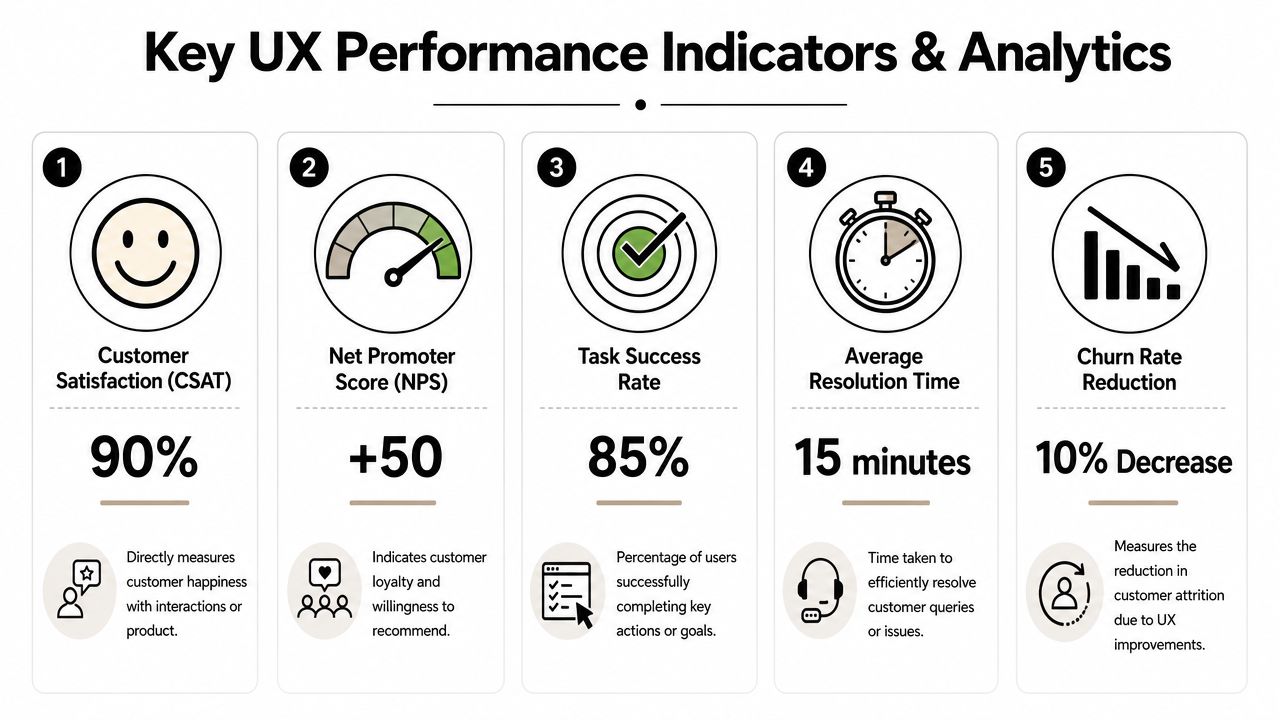 An infographic showing five key UX performance indicators including CSAT, NPS, task success rate, resolution time, and churn.