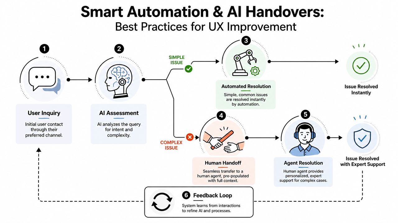 A flowchart diagram illustrating the smart automation and AI handover process for improved user experience solutions.