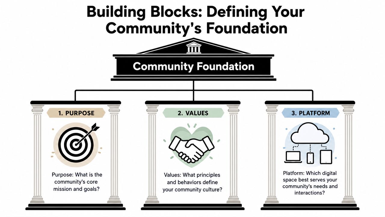 A diagram outlining the three essential building blocks for creating a strong community foundation: purpose, values, and platform.