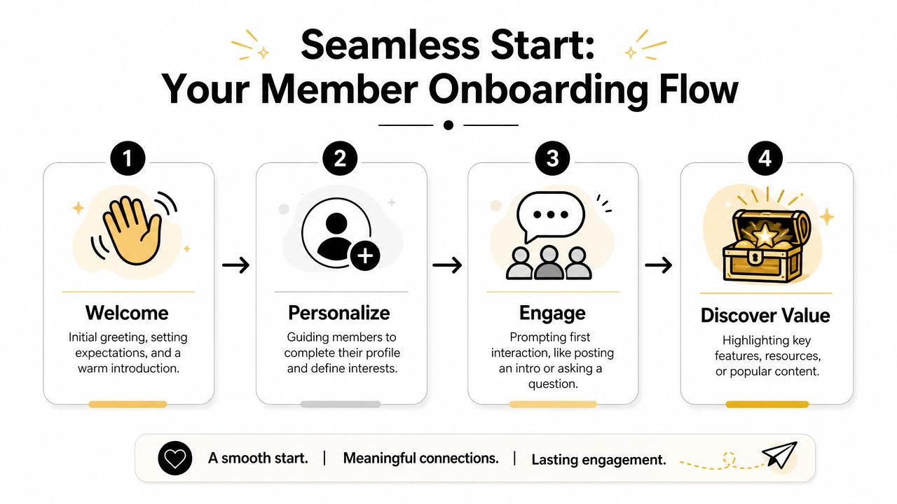 A four-step infographic illustrating a seamless member onboarding flow for building an engaging online community.