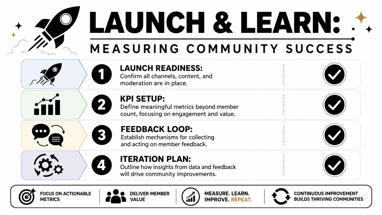 A four-step infographic showing the Launch and Learn process for measuring community success with actionable improvement steps.