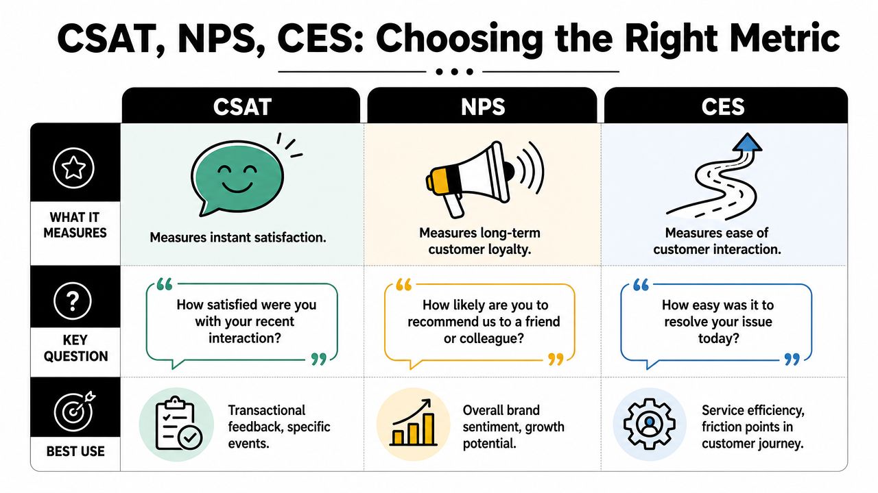 A comparison chart explaining the differences between CSAT, NPS, and CES customer feedback metrics.