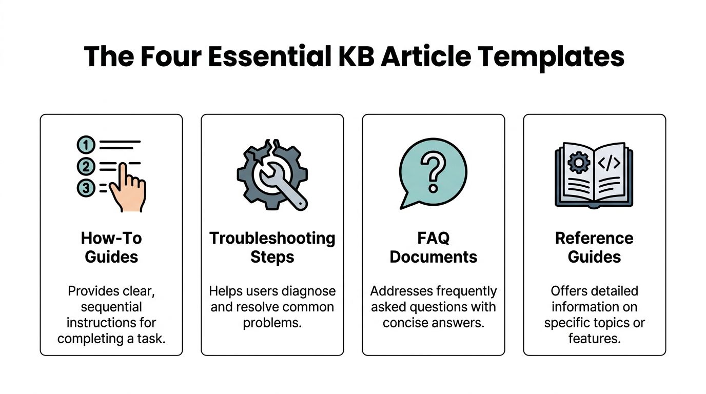 A visual guide outlining the four essential types of knowledge base article templates for professional documentation.